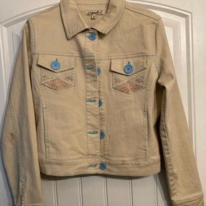 Chico's Beige Denim Jacket with Blue Buttons